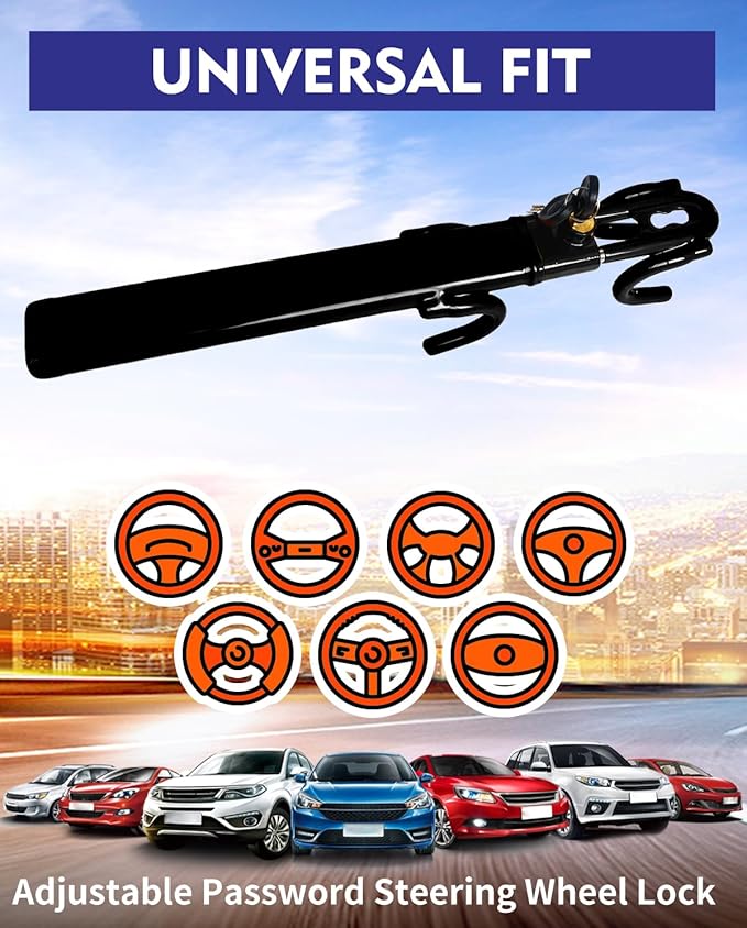 Dodomes Steering Wheel Lock Anti-Theft Heavy Duty Secure Car Device, Adjustable Length Clamp Double Hook Locks Universal Fit (Black)