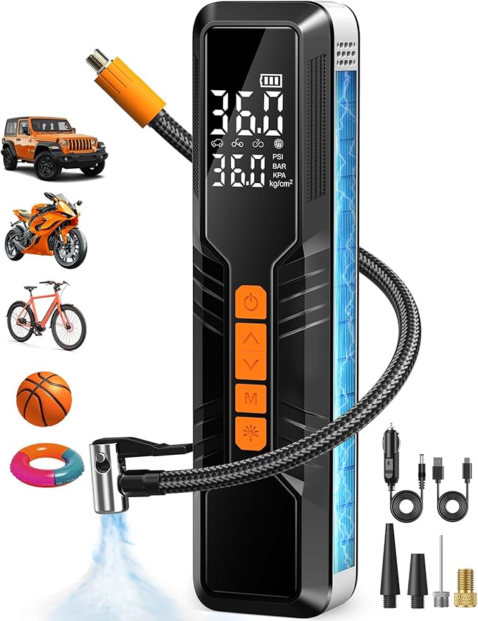 Tire Inflator Portable Air Compressor 6X Air Pump for Car Tires, 150PSI&5400 mAh Portable Tire Inflator for Car,DC 12V Air Compressor with Pressure Gauge/LED Light, for Car Tires/Bike/Motorcycle/Ball