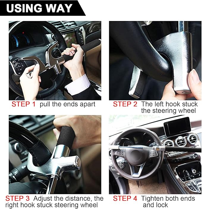 Tevlaphee Steering Wheel Lock for Cars,Wheel Lock,Vehicle Anti-Theft Lock,Adjustable Length Clamp Double Hook Universal Fit Emergency Hammer Window Breaker Self Defense Heavy Duty Secure