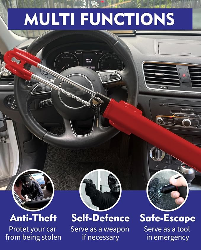 Dodomes Steering Wheel Lock Anti-Theft Heavy Duty Secure Car Device, Adjustable Length Clamp Double Hook Locks Universal Fit (Red)