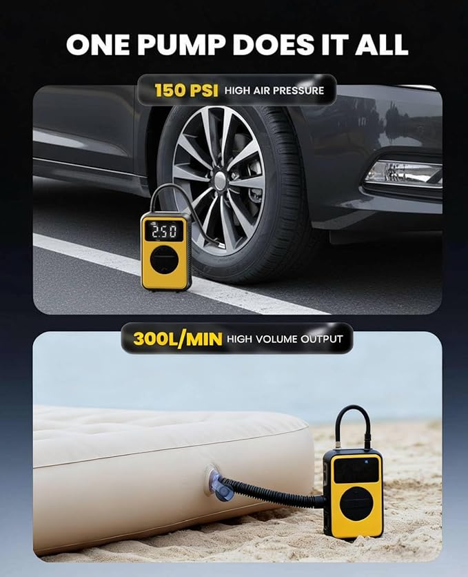 Tire Inflator Portable Air Compressor, 150PSI Cordless Tire Pump & 4.0 kPa Air Pump For Car, Sedans, Bicycle Tires, Air Mattresses and Inflatables
