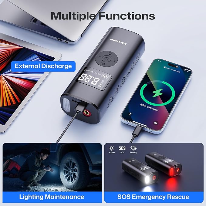 INNOVV P1 Aluminum Tire Inflator Portable Air Compressor, 3X Faster 150PSI Cordless Car Air Pump with Auto-Shutoff, Motorcycle Pumps with Tire Pressure Gauge, Electirc Tire Pump for Car, Bike, Ball