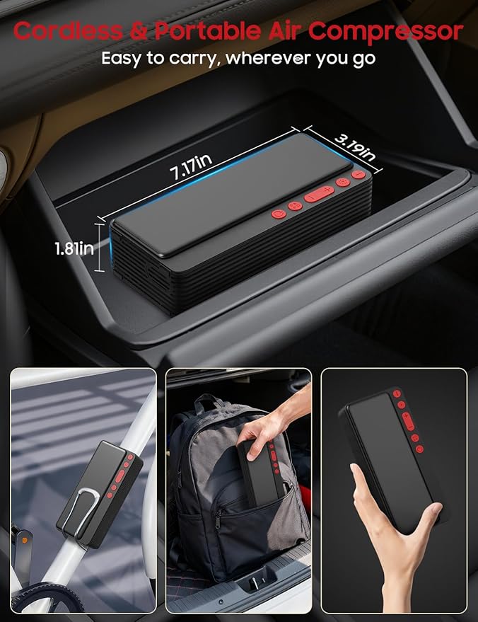 Tire Inflator Portable Air Compressor, 10000mAH&150PSI Smart APP Cordless Air Pump For Car Tires, Built-in Accessories Storage, Bike Pump with Digital Gauge&LED Light for Motorcycle, Ball