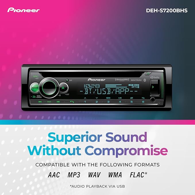 Pioneer DEH-S7200BHS 1-Din CD Receiver – Bluetooth, HD Radio, SiriusXM, USB/AUX, Color Change, FLAC, AM/FM, Detachable Face, 13-Band EQ, 50W x 4, Voice Control, Hi-Volt RCA Preouts