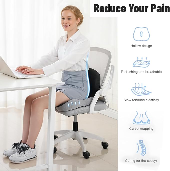 Casimer Ergonomic Seat Cushion for Truck Drivers, Office Chairs, Car Seats Memory Foam Chair Pad for Back Pain, Non-Slip, Long Sitting Support, Car Seat, Desk Chair Use (Gray)