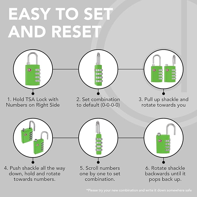 TSA Locks for Luggage, 2-Pc Durable Steel Padlock, Keyless Easy to Read 4-Digit Combination Lock for Backpacks, Travel Suitcases, Toolbox, Filing Cabinets, Baggage & Gym Locker, Green