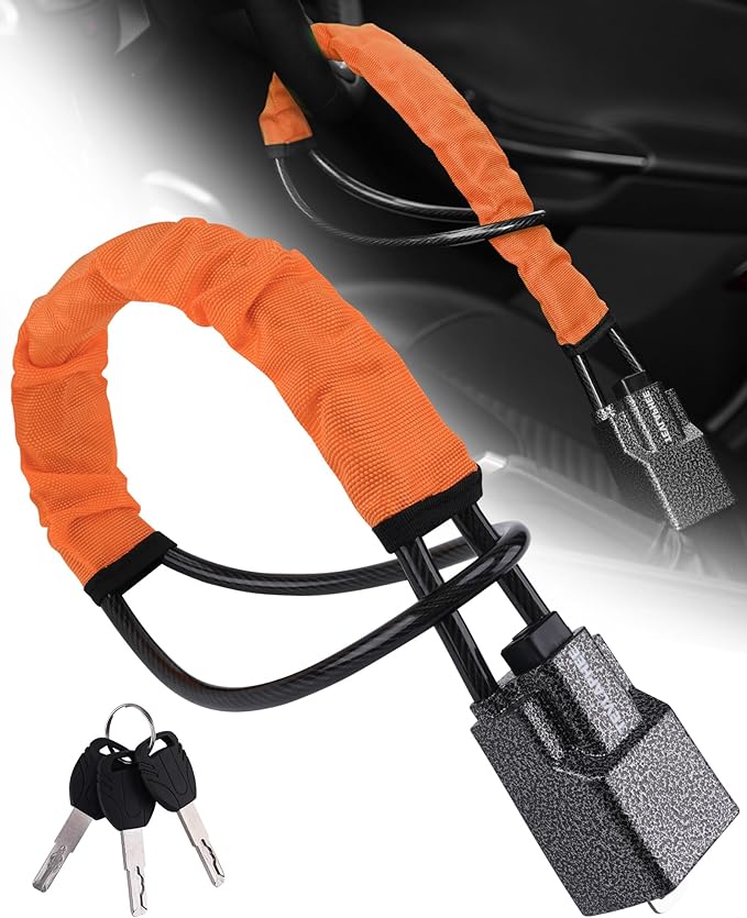Tevlaphee Steering Wheel Lock Seat Belt Lock Universal Anti Theft Car Device Car Lock Car Theft Prevention with 3 Keys for Car Security Fit Most Vehicles Truck SUV Van (Orange)