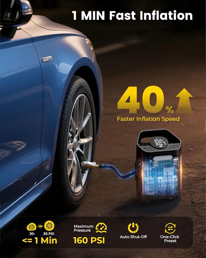 Heavy-Duty 160 PSI Tire Inflator Portable Air Compressor, 1 Min Fast Inflation Cordless Portable Air Pump with Digital Pressure Gauge & LED Light, Electric Tire Pump for Car, SUV, Bike, Ball