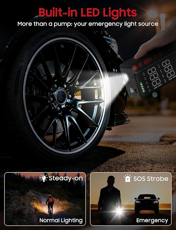 Tire Inflator Portable Air Compressor, 10000mAH&150PSI Smart APP Cordless Air Pump For Car Tires, Built-in Accessories Storage, Bike Pump with Digital Gauge&LED Light for Motorcycle, Ball