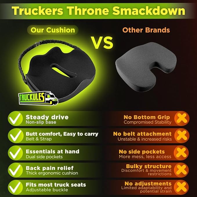 XL Truck Seat Cushion for Truck Driver Seat Cushion - Upgraded Back Support, CertiPUR-US® Certified - Thick Memory Foam, Pain Relief for Hours of Driving, Trucker Approved Big Rig - Black