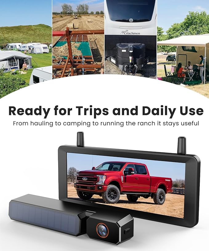 Solar Wireless Backup Camera: 7.2 Inch HD 1080P Monitor, 2-Min DIY Install,Dual Antennas for Stable Signal and Smooth View, DVR Recording, IP69K Waterproof Back up Camera for Truck,Car, SUV, Trailer