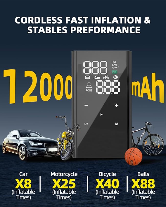 Tire Inflator Portable Air Compressor, 4X Faster Inflation Cordless Electric Air Pump for Car Tires with Digital Tire Pressure Gauge SUV, Light Truck, Motorcycle, Bike, Car Accessories Gifts for Men