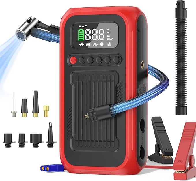 Tire Inflator Portable Air Compressor, 12V Car Jump Starter, 150PSI & 28000mAh Air Pump with Air Blower, Digital Pressure Gauge and LED Light, Electric Air Pump for Car, Motorcycle, Balls, Bike Pump