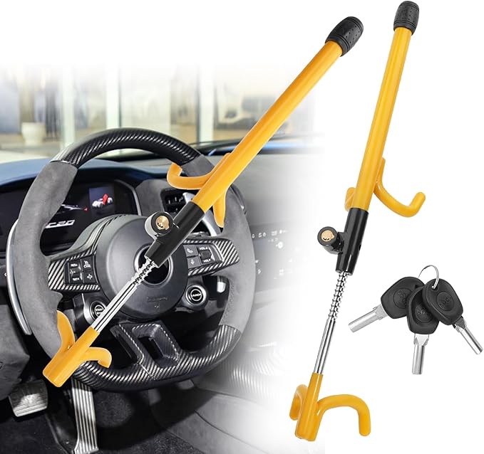 Steering Wheel Lock Anti-Theft Device – Heavy Duty Double Hook, Adjustable Clamp Fits 5”-15” Wheels, Universal Car Security Lock with 3 Unique Keys – Yellow
