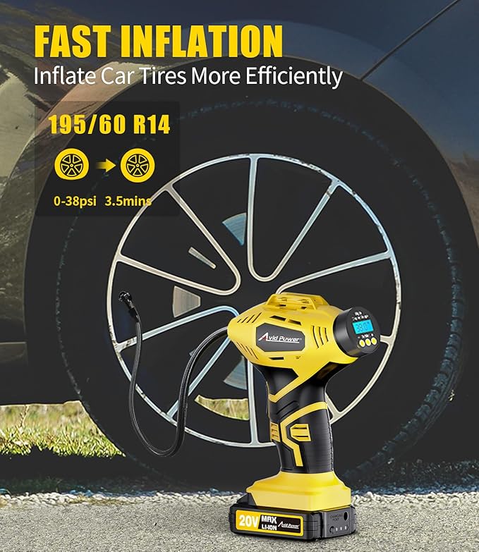 AVID POWER Cordless Tire Inflator Portable Air Compressor, 20V Rechargeable Battery Powered Car Tire Pump w/ 12V DC Adapter, Digital Pressure Gauge, Air Pump for Car, Bike, Motorcycle, Ball