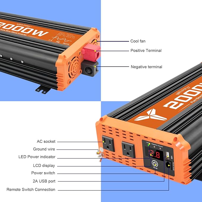 2000 watt Pure sine Wave car Inverter 24V DC to 120V AC, 4000W Surge Peak Power, Inverter for RV, Truck, Solar, Campers with 2 AC Outlet,Remote Control Compatible with Lithium Battery