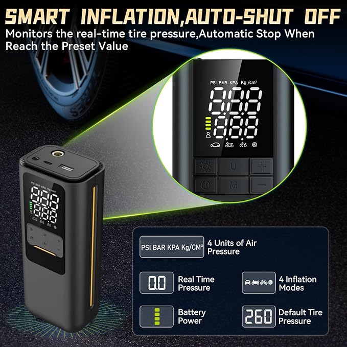 BL-01 Mini Cordless Tire Inflator, 120 PSI USB-C Rechargeable Brushless Air Pump with Digital Pressure Gauge and Auto Shut-Off for Bikes, Cars and Balls