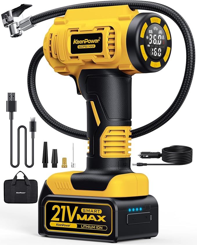 KeenPower Cordless Tire Inflator Portable Air Compressor, 160PSI Car Tire Air Pump, 21V Rechargeable Battery Powered Air Compressor, Dual Power, Larger HD Digital Gauge w/4+N Smart Modes (Yellow)