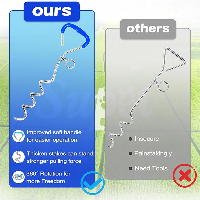 Supet Dog Tie Out Cable and Stake for Yard and Camping, Heavy Duty Stakes and Lead for Large Dogs up to 125lbs, Dog Scew and Tether for Outside (10FT)