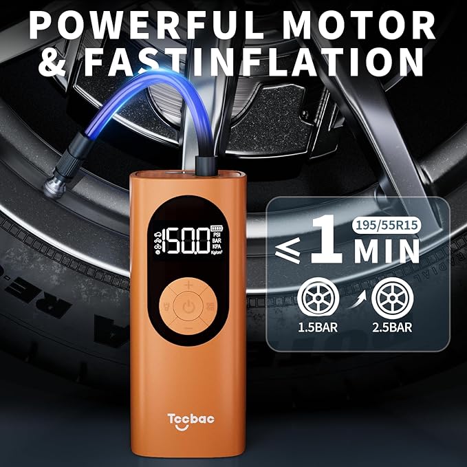 Tire Inflator Portable Air Compressor with Auto Shut-Off and Led Light, 150PSI Cordless Air Pump with Digital Pressure Gauge, 20s Fast Inflate Electric Bike Pump for Car, Motorcycle, Bicycle, Ball