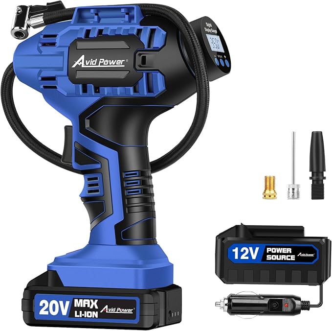 AVID POWER Tire Inflator Portable Air Compressor,20V Cordless Tire Pump, Rechargeable Air Pump for Car Tires and other Inflatables (Blue)