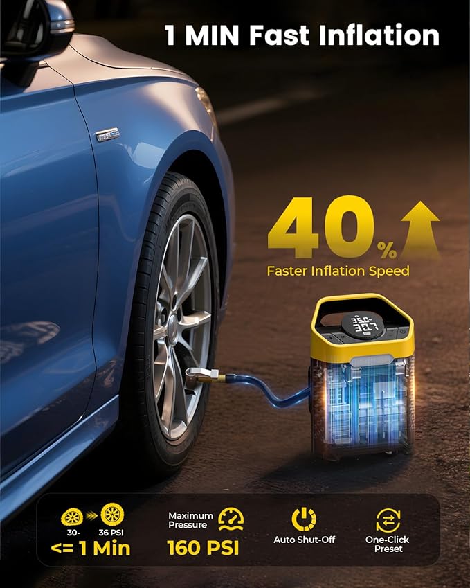 Heavy-Duty 160 PSI Tire Inflator Portable Air Compressor, 1 Min Fast Inflation Cordless Portable Air Pump with Digital Pressure Gauge & LED Light, Electric Tire Pump for Car, SUV, Bike, Ball