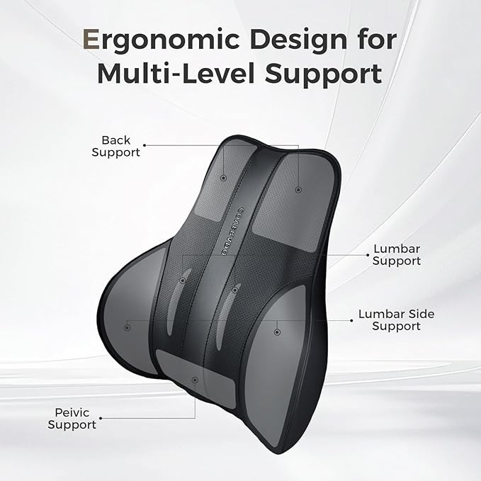 Coverado Lumbar Support Pillow for Car, Ergonomic Memory Foam Back Pillow for Office Chair, New Back Cushion for Pain Relief, PU Leather Car Lumbar Support for Driving Seat - BK