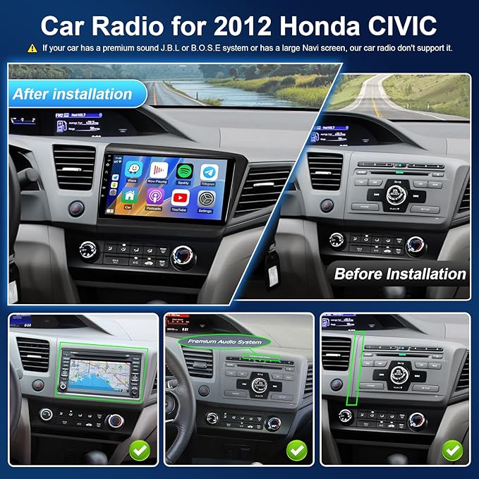 Leadfan Car Radio Stereo for Honda Civic 2012 Compatible with Wireless Apple Carplay Android Auto, 9 Inch Touchscreen GPS Navigation WiFi Bluetooth Backup Camera MirrorLink Mic 2+32G
