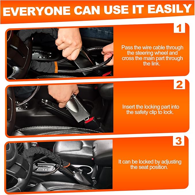 KAYCENTOP Car Steering Wheel Lock, Seat Belt Lock, Car Locks Anti-Theft Device with Aluminum Alloy Lock Housing, Max 17 Inch Length, High Visibility and Light-Weight, Universal Fit, 3Keys(Black)