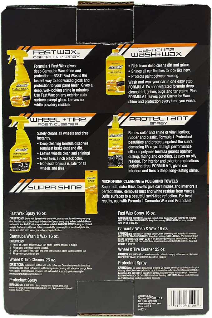 Formula 1 Complete Car Detailing Kit - Clean & Protect Every Surface, Includes Car Wash and Wax, Wheel Cleaner, Interior Spray and Microfiber Towel (5 Piece Bundle)