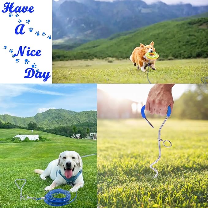 Dog Tie-Out Stake and Cable 30ft Heavy Duty Spiral Ground Stake Tethering Anchor Dog Leash Chain Rope Metal 360 Swivel Hook for Small Medium Large Dogs Outdoor (Plastic Wrapped Stake)