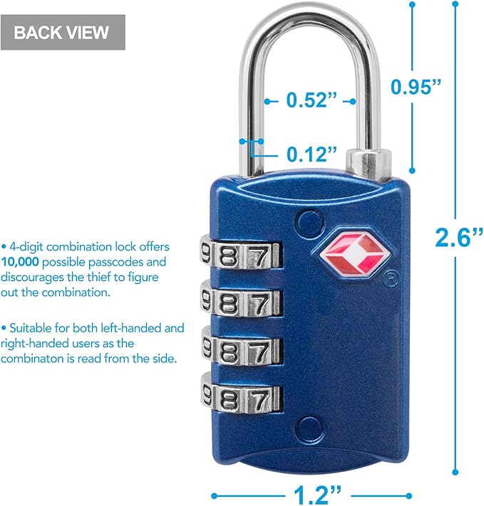 TSA Locks for Luggage, 2-Pc Durable Steel Padlock, Keyless Easy to Read 4-Digit Combination Lock for Backpacks, Travel Suitcases, Toolbox, Filing Cabinets, Baggage & Gym Locker, Red/Blue