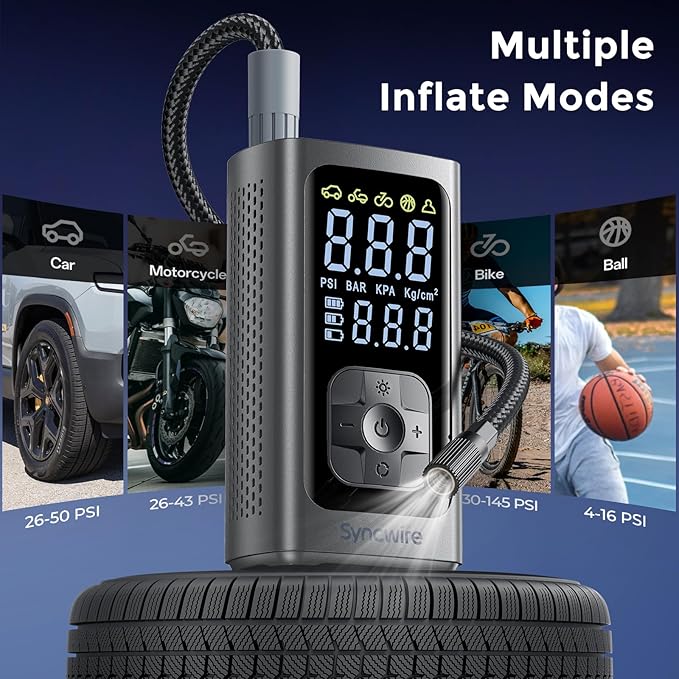 Syncwire Tire Inflator Portable Air Compressor - 150PSI 2X Faster Inflation Smart Air Pump for Car Tires [Extra-Large LCD] with Digital Pressure Gauge, Auto Shut-Off for Car, Motorcycle, Bike & Balls
