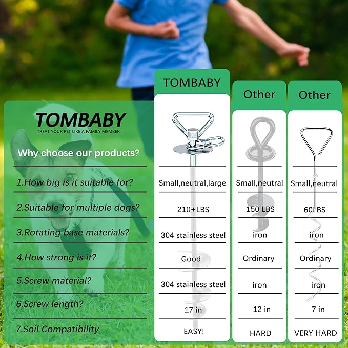 TOMBABY Dog Tie Out Stake-Heavy Duty 304 Stainless Steel Dog Runner, Ground Anchor with 360° Swivel & Anti-Tangle,Use Any for to 210LBS Dogs- Dog Stakes for Outside Camping, Suitable for Any Dog Cable