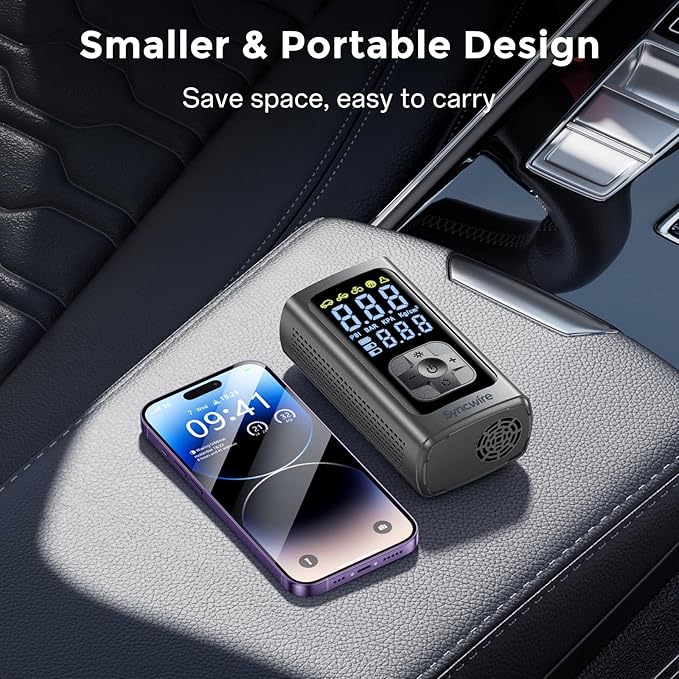 Syncwire Tire Inflator Portable Air Compressor - 150PSI 2X Faster Inflation Smart Air Pump for Car Tires [Extra-Large LCD] with Digital Pressure Gauge, Auto Shut-Off for Car, Motorcycle, Bike & Balls