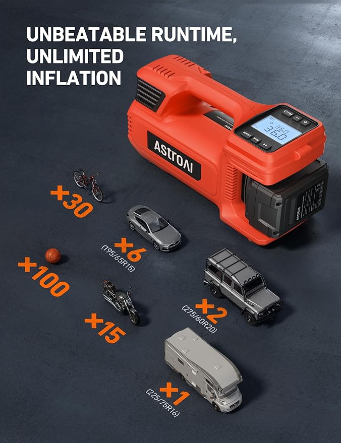 AstroAI TC4 Portable Air Compressor Tire Inflator, 470W 18V Cordless Air Pump for Truck Tires with 4000mAh Battery, 150PSI Heavy Duty Air Compressor with Digital Display for Car, RVs, SUV Red