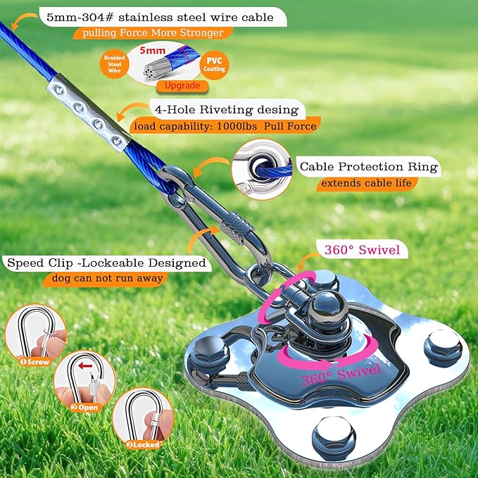 Dog Tie Out Cable and Stake,(up to 200lbs) with 30FT Tangle-Free Dog Runner for Yard,360° Swivel Anchor for Dogs,Stake for Dog Leash Ideal for Outdoor and Camping
