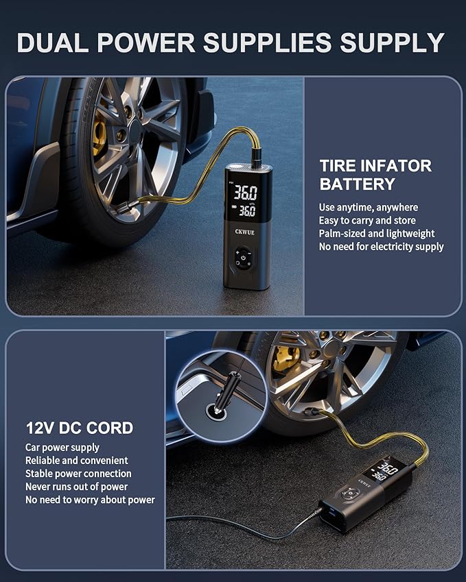 Tire Inflator Portable Air Compressor, CKWUE 180PSI Cordless Air Compressor, 6X Faster Air Pump with Digital Pressure Gauge, ire Air Pump with Dual Mode Inflation （Brown）