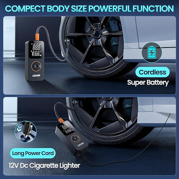 Tire Inflator Portable Air Compressor-Air Pump 150PSI Cordless Electric for Car, Motorcycle, Bike, Ball, with Tire Gauge Pressure, Dual-Use Type (Obsidian)