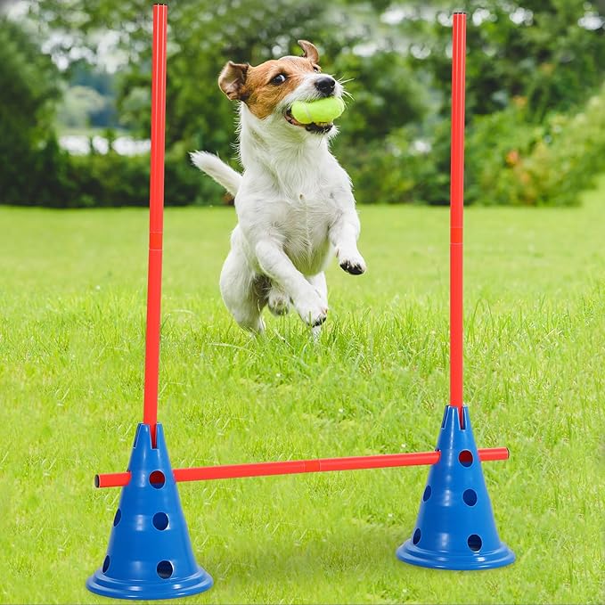 Dog Agility Hurdle Cone Set Dog Agility Course Backyard Set with Height Adjustable Include 12 Cones 6 Rods Training Equipment for Pet Obstacle Course Outdoor Games(Blue, Orange)