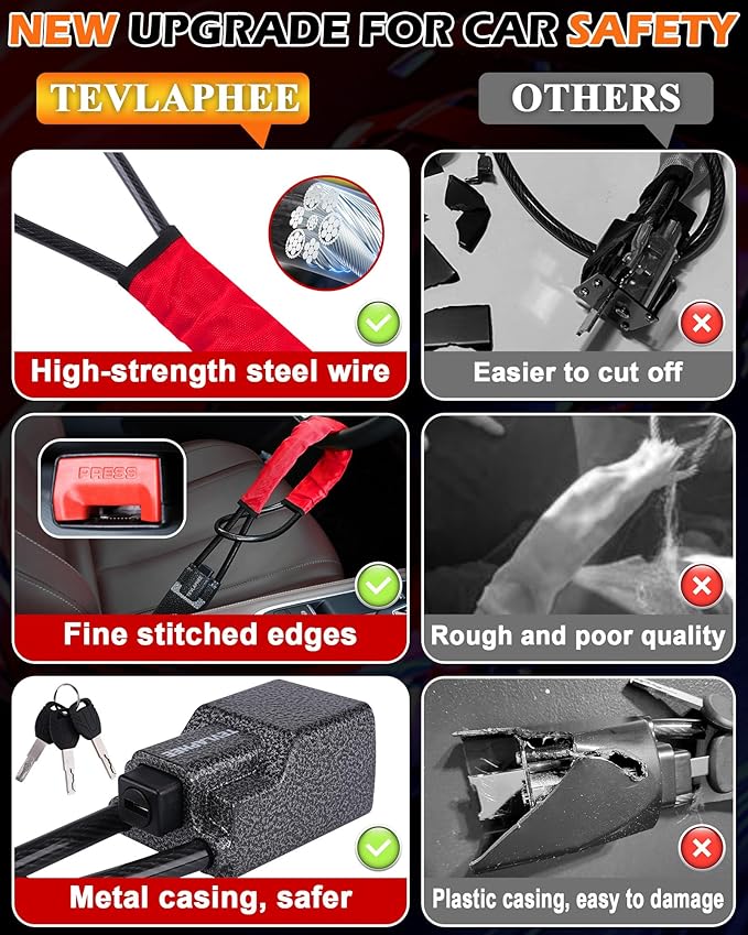 Tevlaphee Steering Wheel Lock Seat Belt Lock Universal Anti Theft Car Device Car Lock Car Theft Prevention with 3 Keys for Car Security Fit Most Vehicles Truck SUV Van (Red)