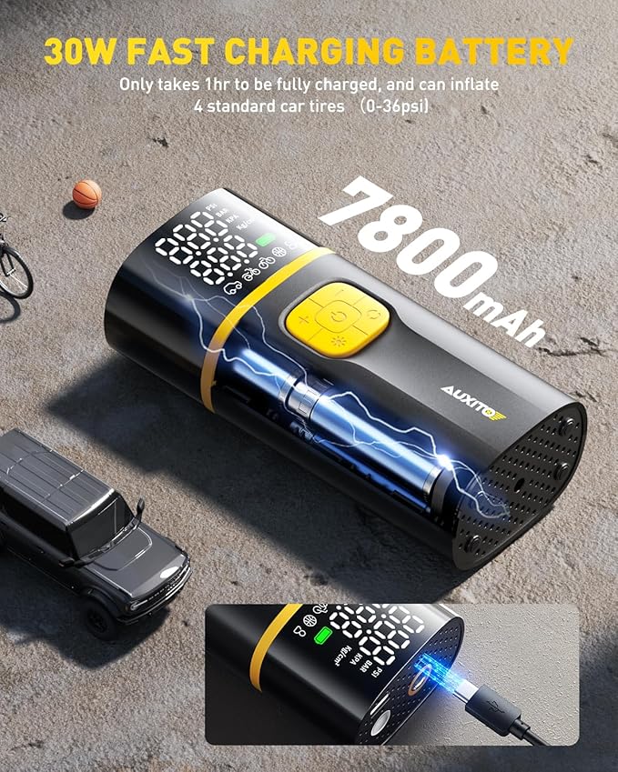 AUXITO A502 Tire Inflator Portable Air Compressor - 150PSI Dual Cylinder 7800 mAh & 12V DC, Bike Pump Air Pump for Car, Truck, Bike, Motorcycle with Digital Tire Pressure Gauge & LED Light