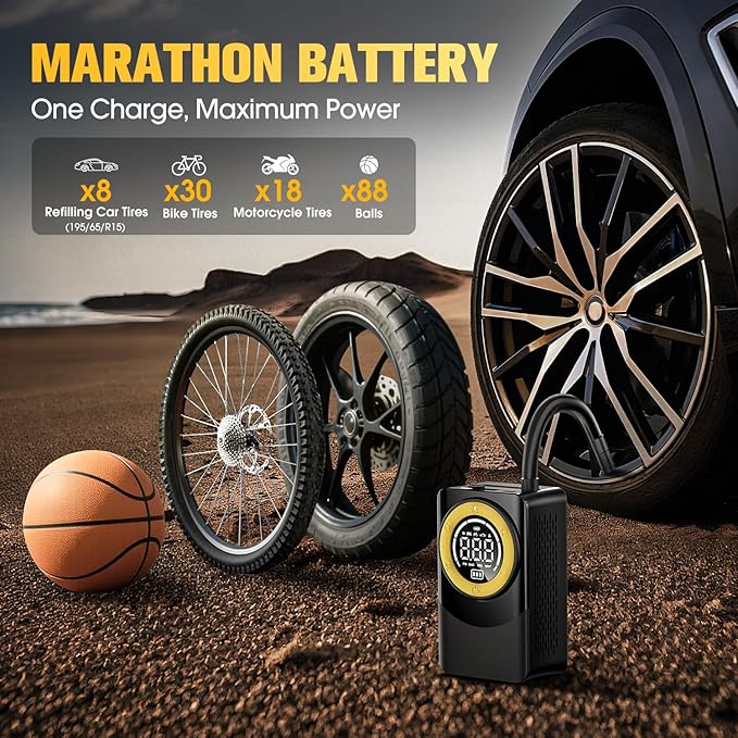 CARSUN Tire Inflator Portable Air Compressor, 150PSI Air Pump For Car Tires with Digital Pressure Gauge, LED Light and Auto Shut-Off Function Cordless Pump for Car, Motorcycle, Bicycle, Balls