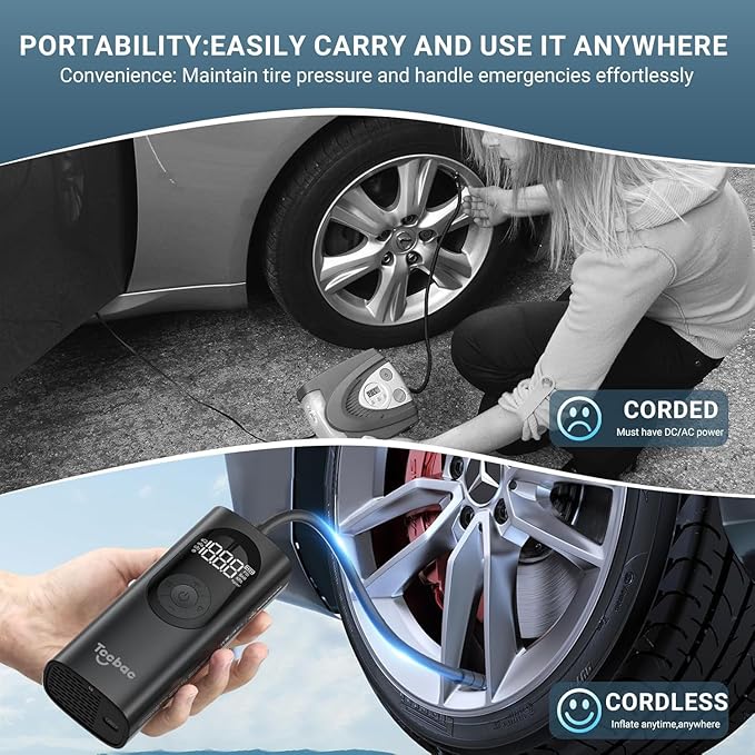 Tire Inflator Portable Air Compressor for Car,Large motor 2x Fast,Tccbac Bike Pumps with 150 PSI High Pressure Gauge and LED Light,Tire Pump Auto Shut-Off Electric Air Pump for Car Ball Motorcycle