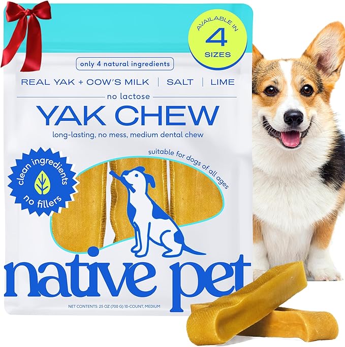 Native Pet Yak Cheese Himalayan Dog Chews - Long Lasting Dental Sticks for Medium Breeds – 100% All Natural Himalayan Yak Chews for Medium Dogs – Cheese Bone for Aggressive Chewers - 10 Per Pack
