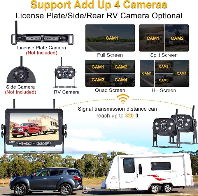 AMTIFO Wireless RV Backup Camera System - 2 HD 1080P Cameras with 7" Split-Screen Monitor,Compatible with Furrion Pre-Wired RVs,Loop Recording,Night Vision,Easy Install for Trailers Campers Trucks