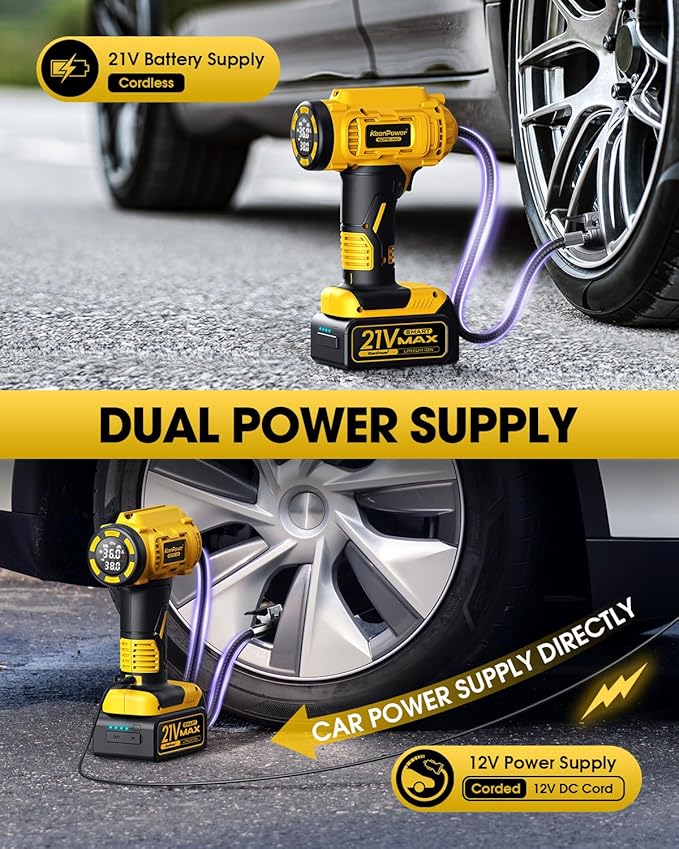 KeenPower Cordless Tire Inflator Portable Air Compressor, 160PSI Car Tire Air Pump, 21V Rechargeable Battery Powered Air Compressor, Dual Power, Larger HD Digital Gauge w/4+N Smart Modes (Yellow)
