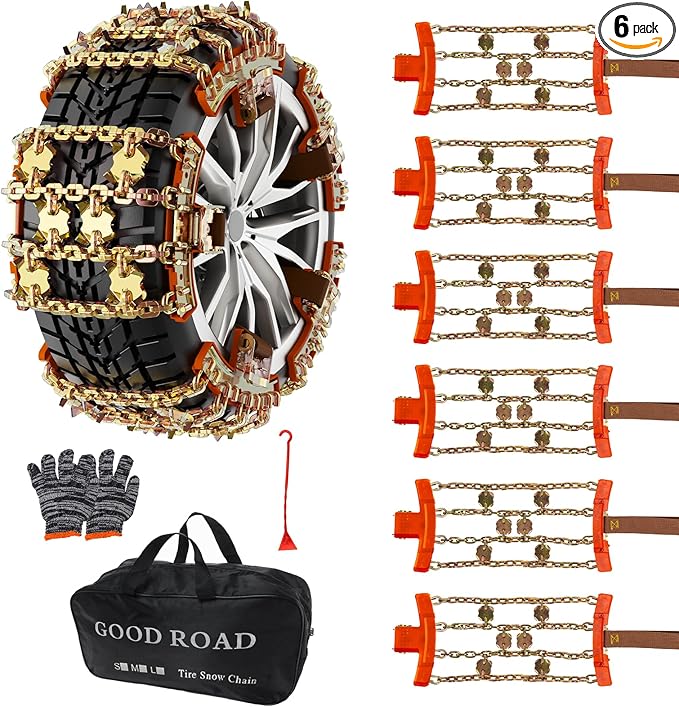 KYX Upgrade Alloy Steel Tire Chains for Car/SUV/Pickup Truks, Adjustable Universal Emergency Snow Chains for Pickup Trucks and Off-road SUV Car Tires 235 245 255 265 275 285 - Set of 6, Alloy Steel