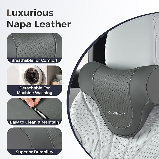 Coverado Car Headrest Pillow, Ergonomic Memory Foam Car Neck Pillow for Driving Seat with Adjustable Strap, Soft PU Leather Breathable Removable Cover Neck Support for Neck Pain Relief - Gray