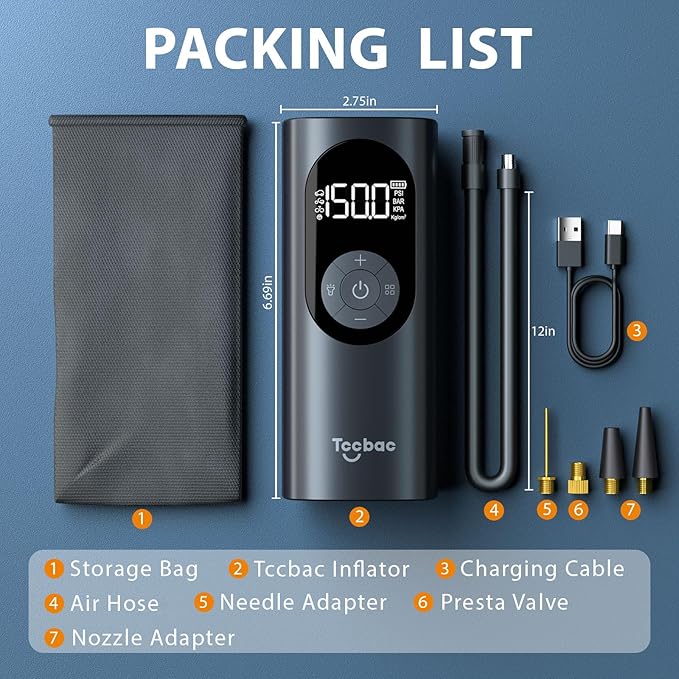 Tire Inflator Portable Air Compressor for Car,Large motor 2x Fast,Tccbac Bike Pumps with 150 PSI High Pressure Gauge and LED Light,Tire Pump Auto Shut-Off Electric Air Pump for Car Ball Motorcycle